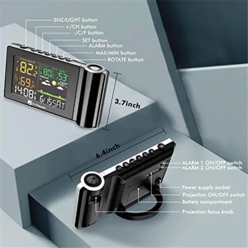 Projection Alarm Clock Ceiling Display Wireless Outdoor Thermometer Dual Alarm